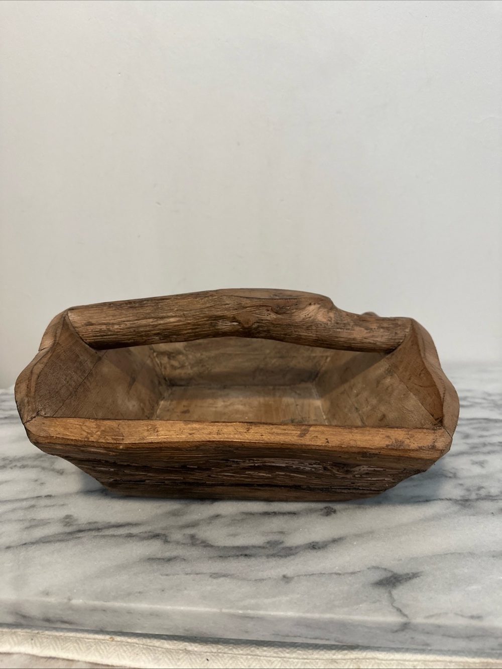 Hand-Carved Wooden Bowl - Natural Brown with branch handle